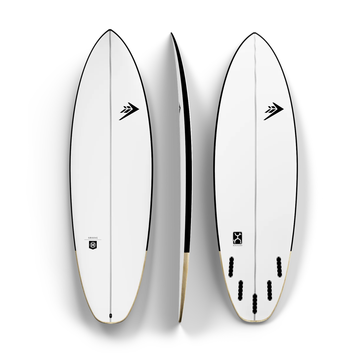 Firewire Groove 2026 preta em construção Helium, shortboard de alta performance desenhada por Rob Machado