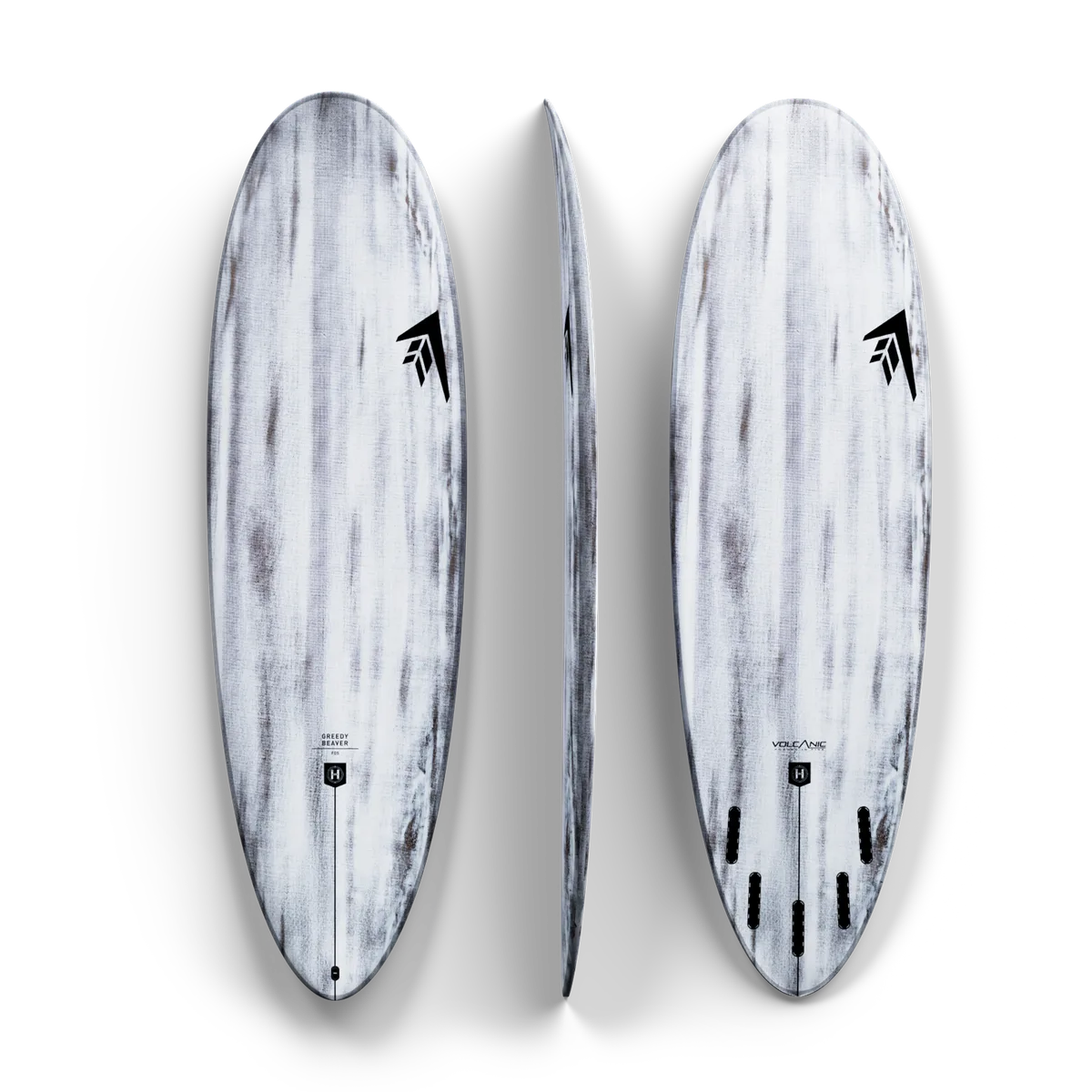 Firewire Greedy Beaver, prancha híbrida crossover de longboard e shortboard, com outline alongado e rabeta rounded pin na colorway Volcanic