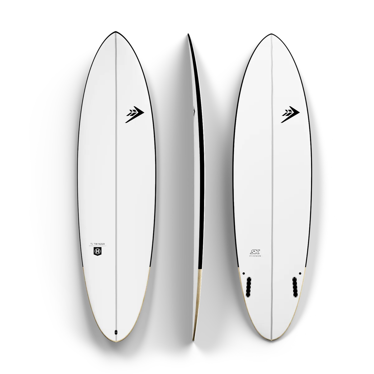 Firewire Taylor Jensen Twinzer Helium, mid-length com quatro quilhas no setup twin mais canard